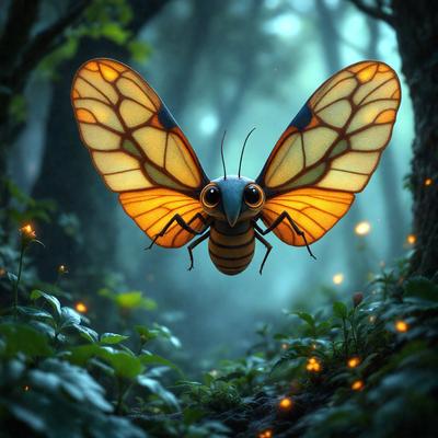 Primary subject: A large, colorful butterfly with a beady eye.

Setting/background: A forest with trees and greenery.

Visual style: Digital art.

Colors and mood: The butterfly is predominantly yellow, with a blue eye, and the forest has a lush green atmosphere.